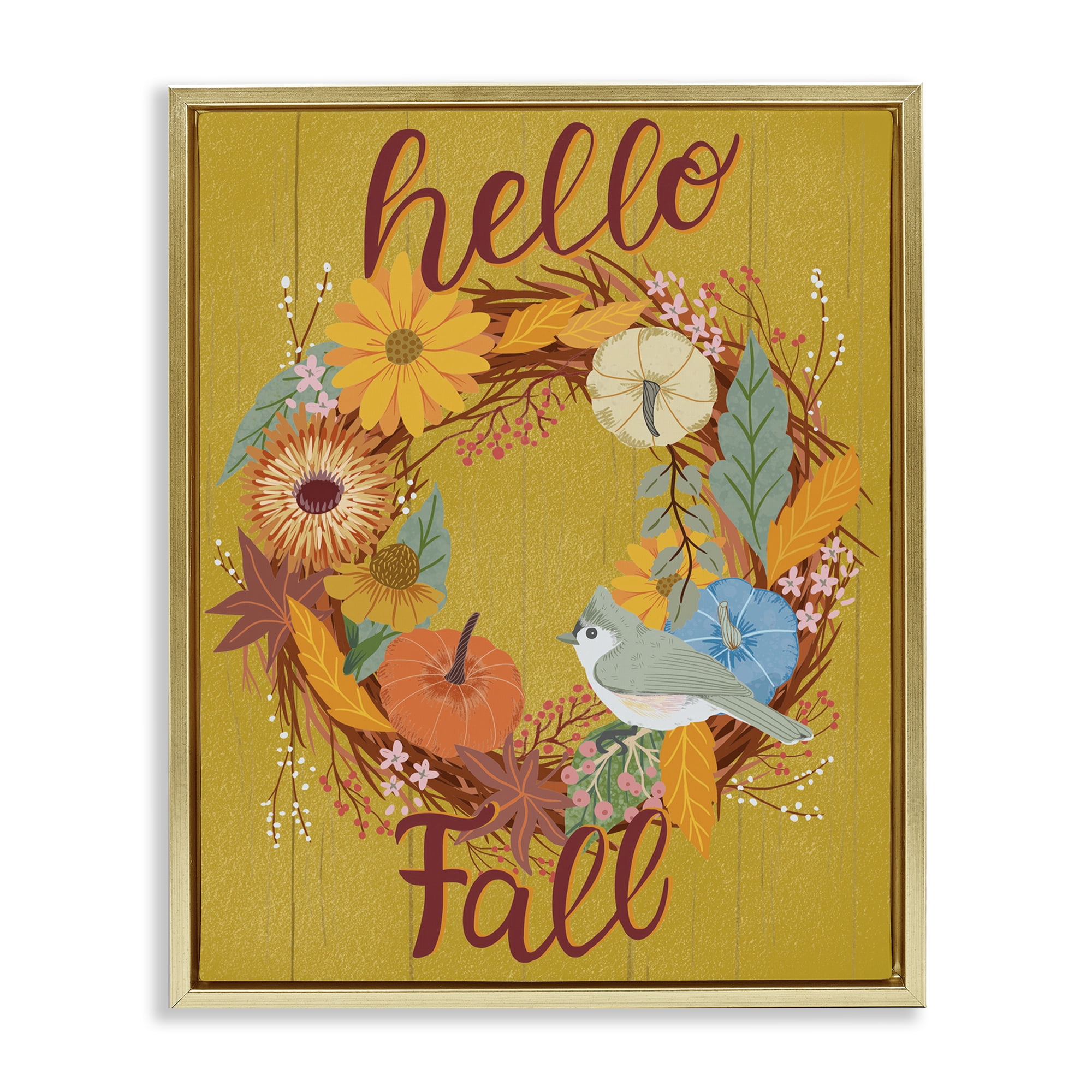 Stupell Industries Hello Fall Bird Wreath Animals Painting Gold Floater Framed Canvas Art Print Wall Art, 17 x 21