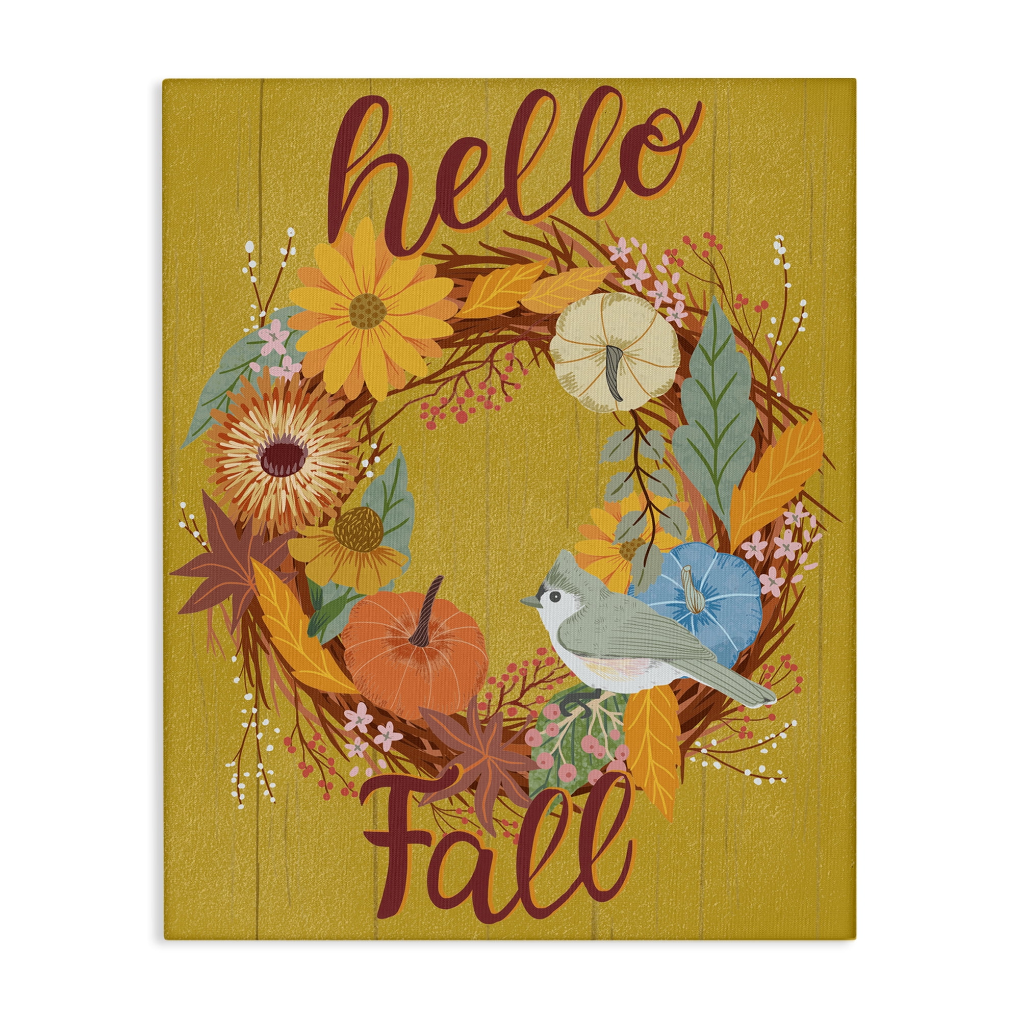 Stupell Industries Hello Fall Bird Wreath Animals Painting Wrapped Canvas Art Print Wall Art, 16 x 20