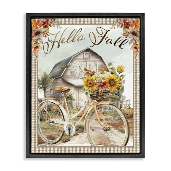 Stupell Industries Hello Fall Cottage Bicycle Botanical & Floral Painting Black Floater Framed Canvas Art Prints Wall Art, 17 x 21