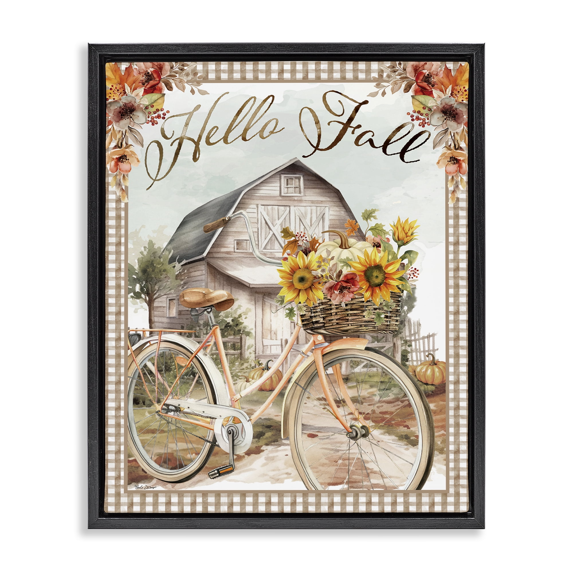 Stupell Industries Hello Fall Cottage Bicycle Botanical & Floral Painting Black Floater Framed Canvas Art Prints Wall Art, 25 x 31