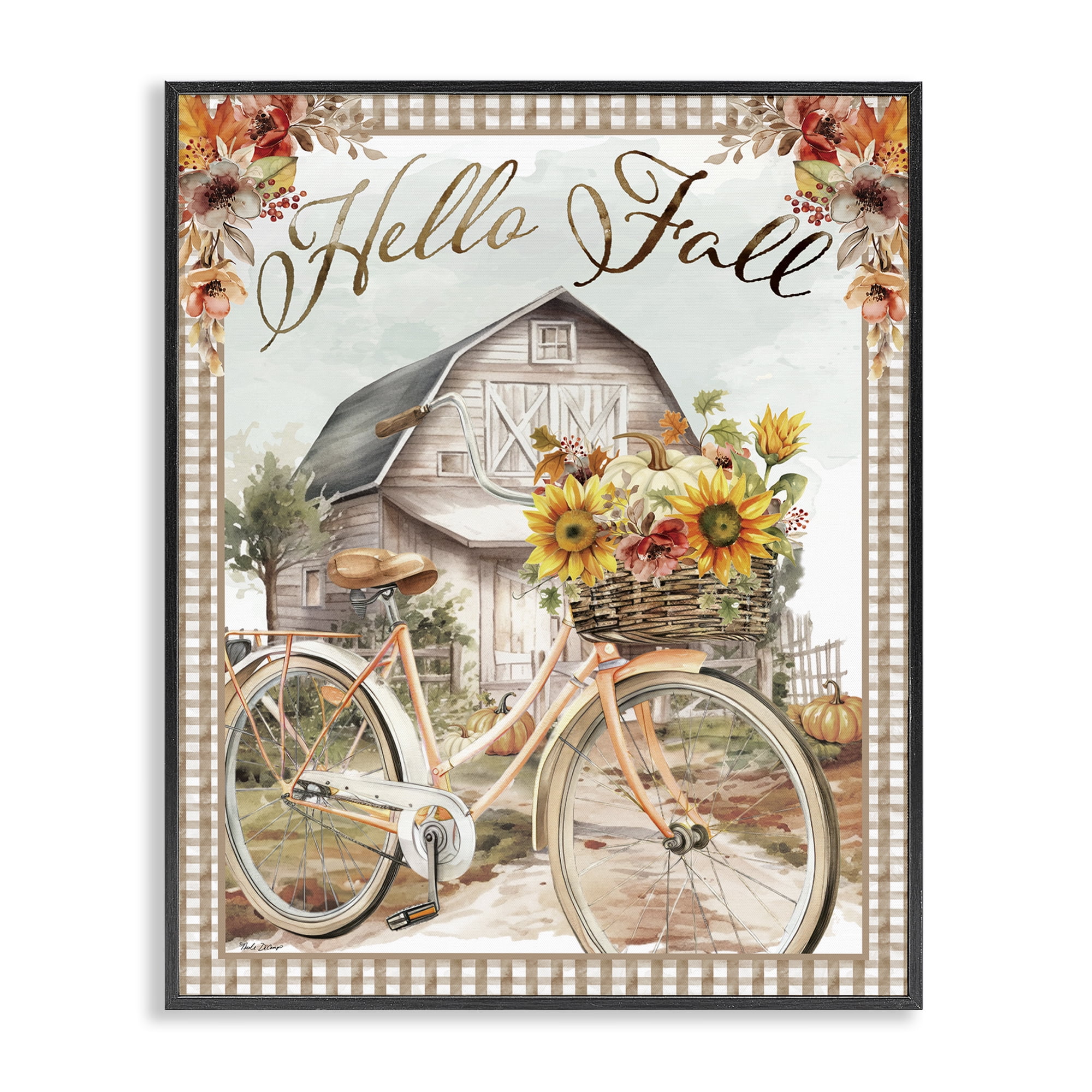 Stupell Industries Hello Fall Cottage Bicycle Botanical & Floral Painting Black Framed Art Prints Wall Art, 24 x 30