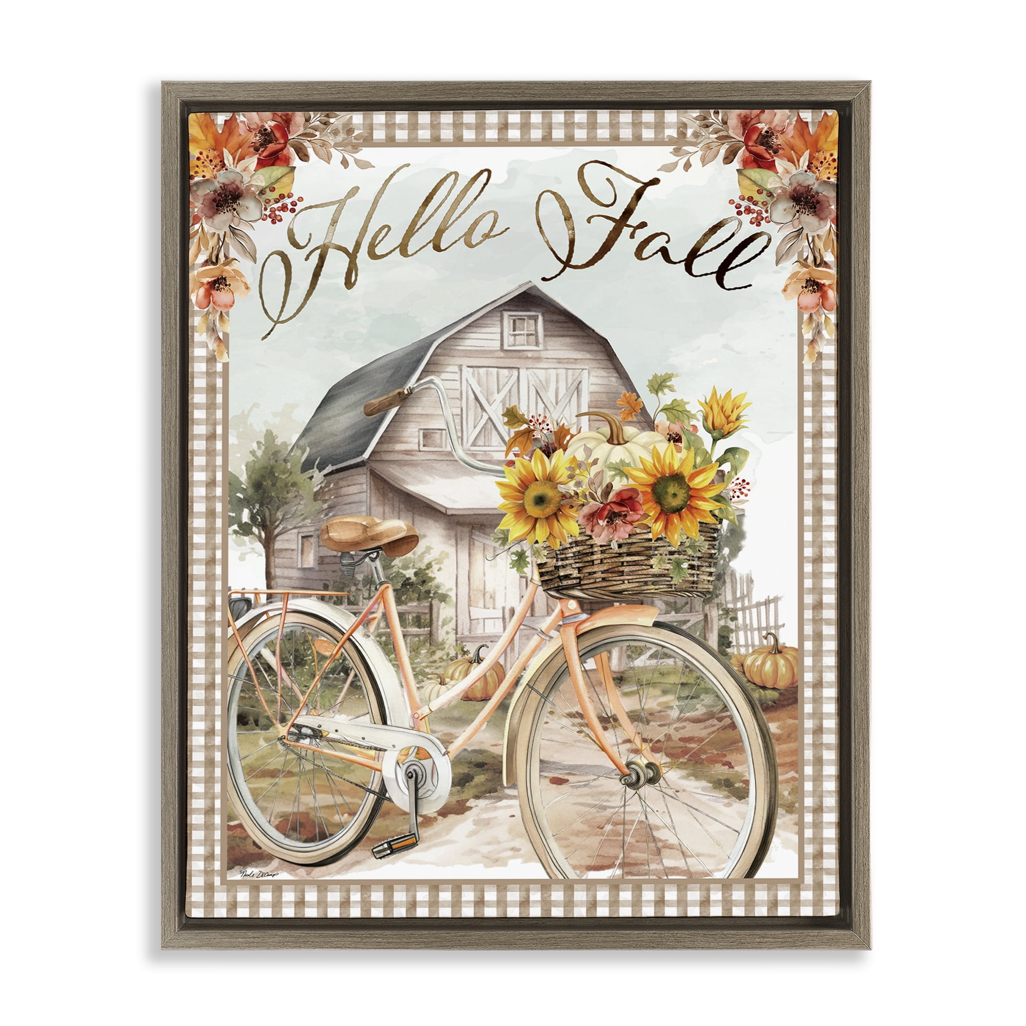 Stupell Industries Hello Fall Cottage Bicycle Botanical & Floral Painting Brown Floater Framed Canvas Art Prints Wall Art, 17 x 21