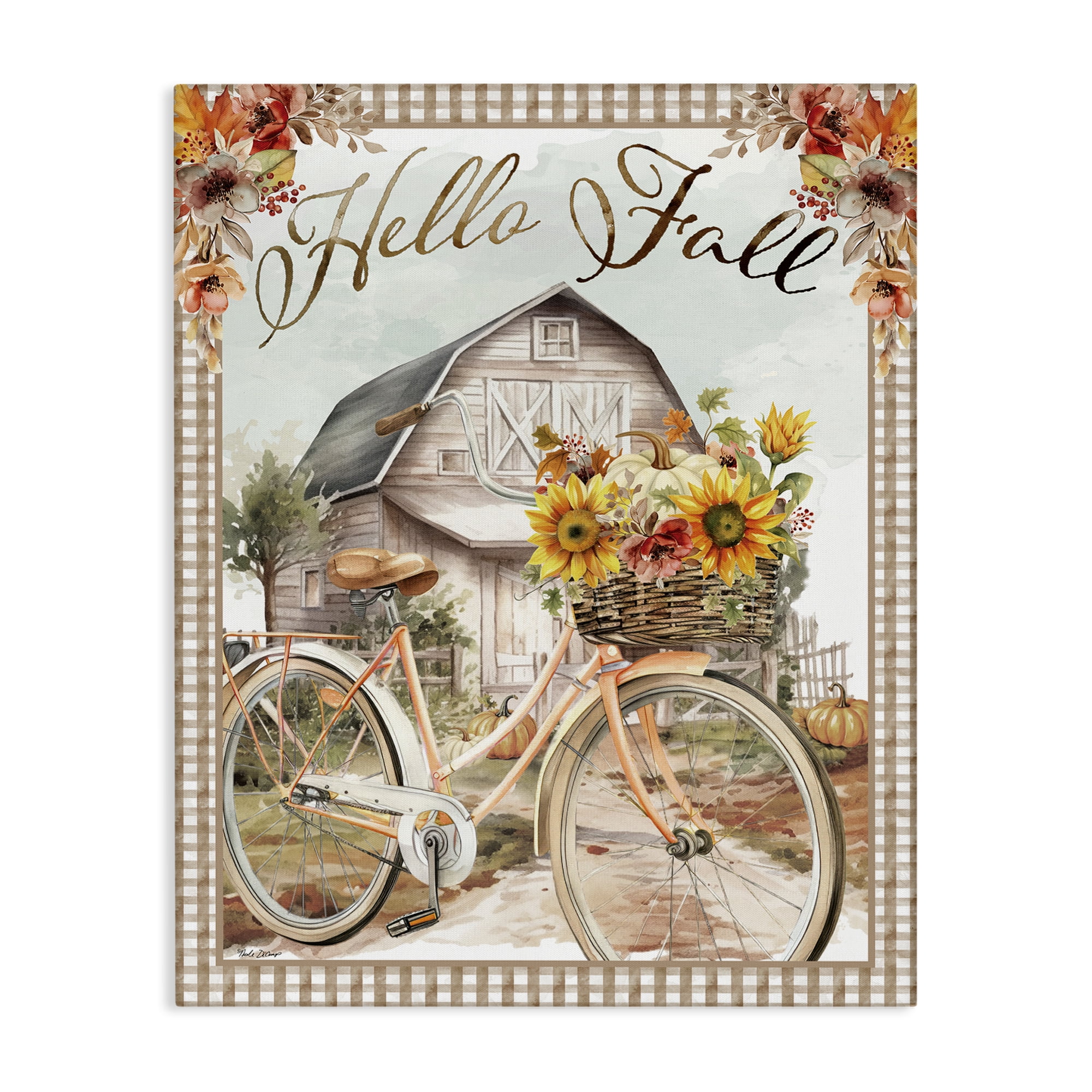 Stupell Industries Hello Fall Cottage Bicycle Botanical & Floral Painting Gallery Wrapped Canvas Art Prints Wall Art, 16 x 20