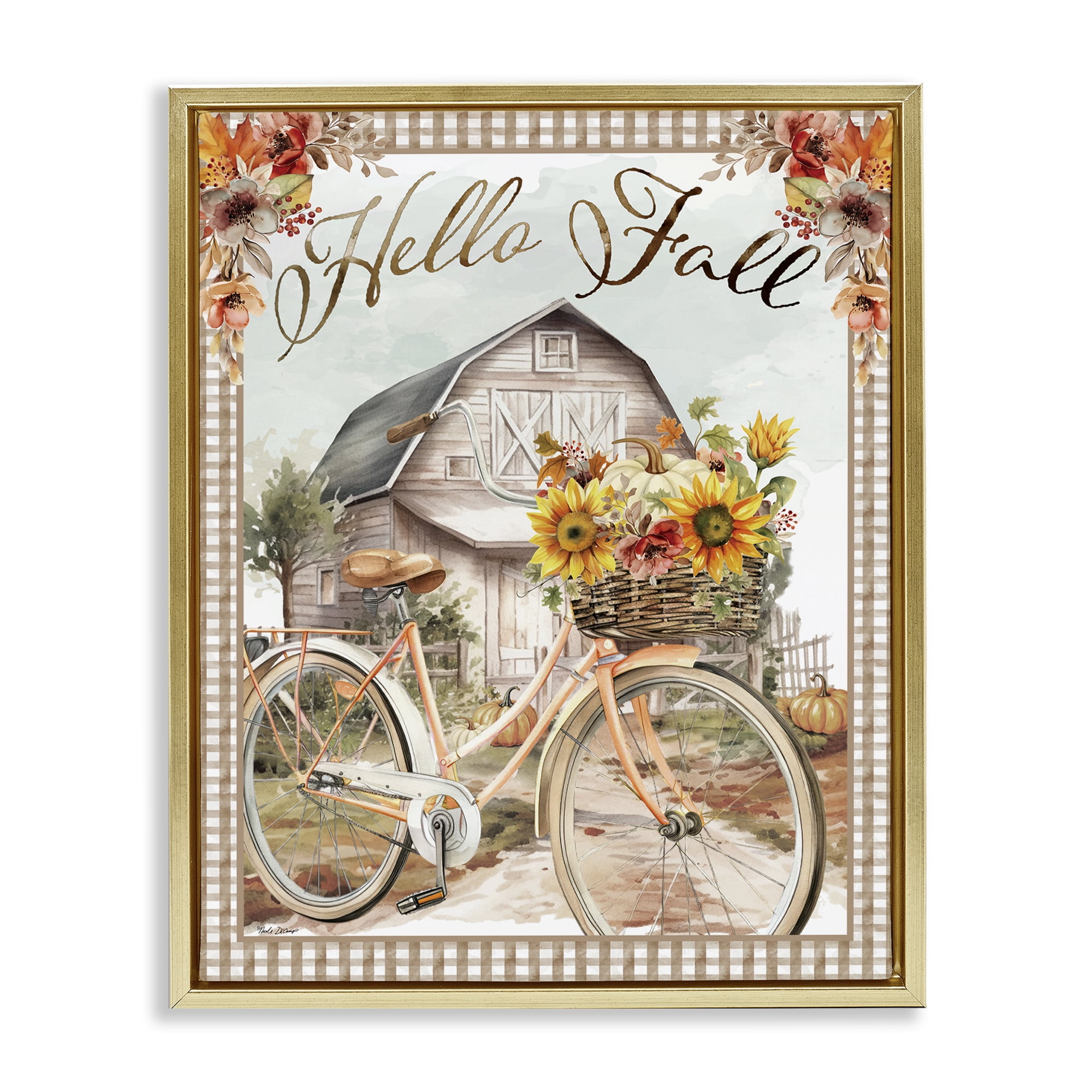 Stupell Industries Hello Fall Cottage Bicycle Botanical & Floral Painting Gold Floater Framed Canvas Art Prints Wall Art, 25 x 31