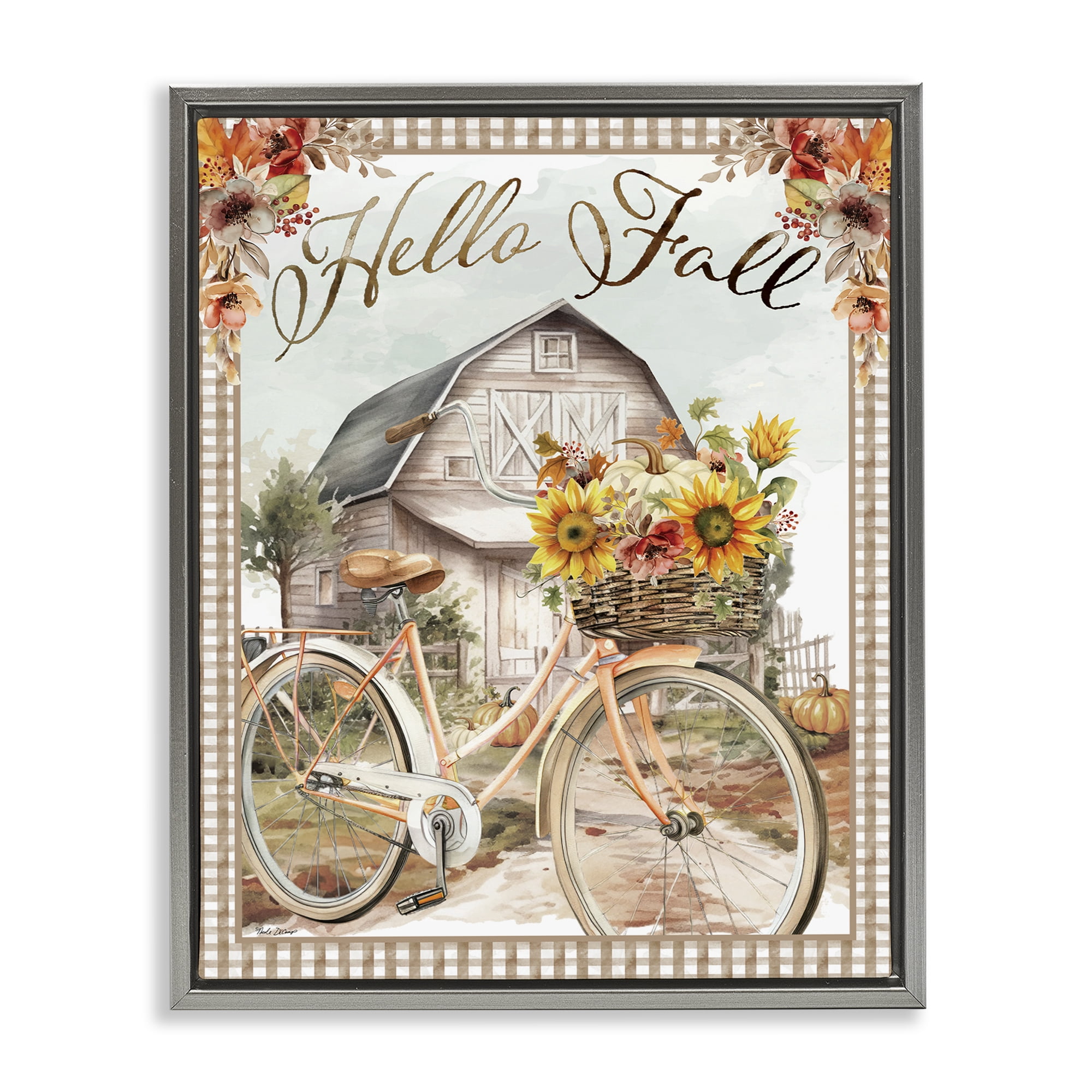 Stupell Industries Hello Fall Cottage Bicycle Botanical & Floral Painting Gray Floater Framed Canvas Art Prints Wall Art, 25 x 31