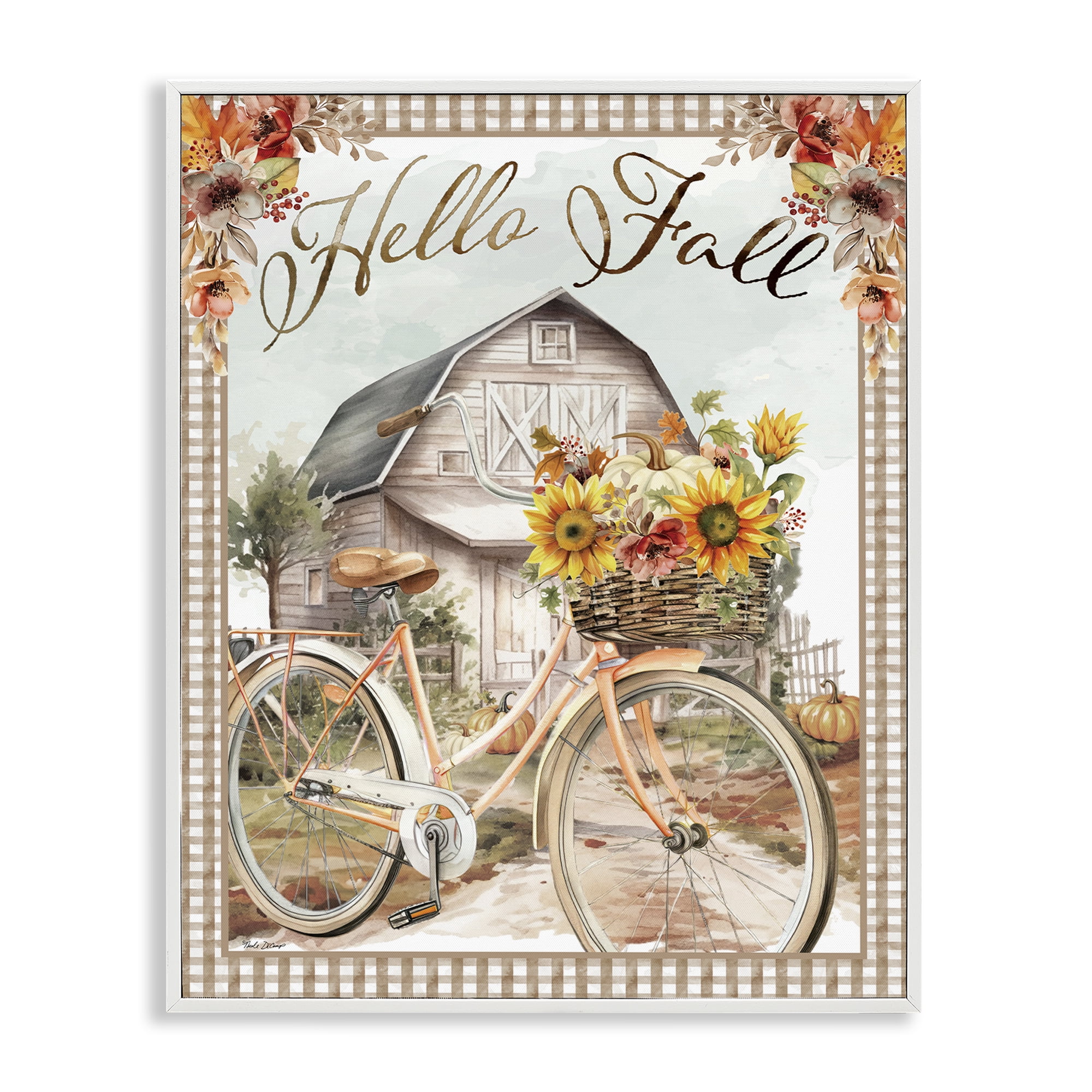 Stupell Industries Hello Fall Cottage Bicycle Botanical & Floral Painting White Framed Art Prints Wall Art, 11 x 14