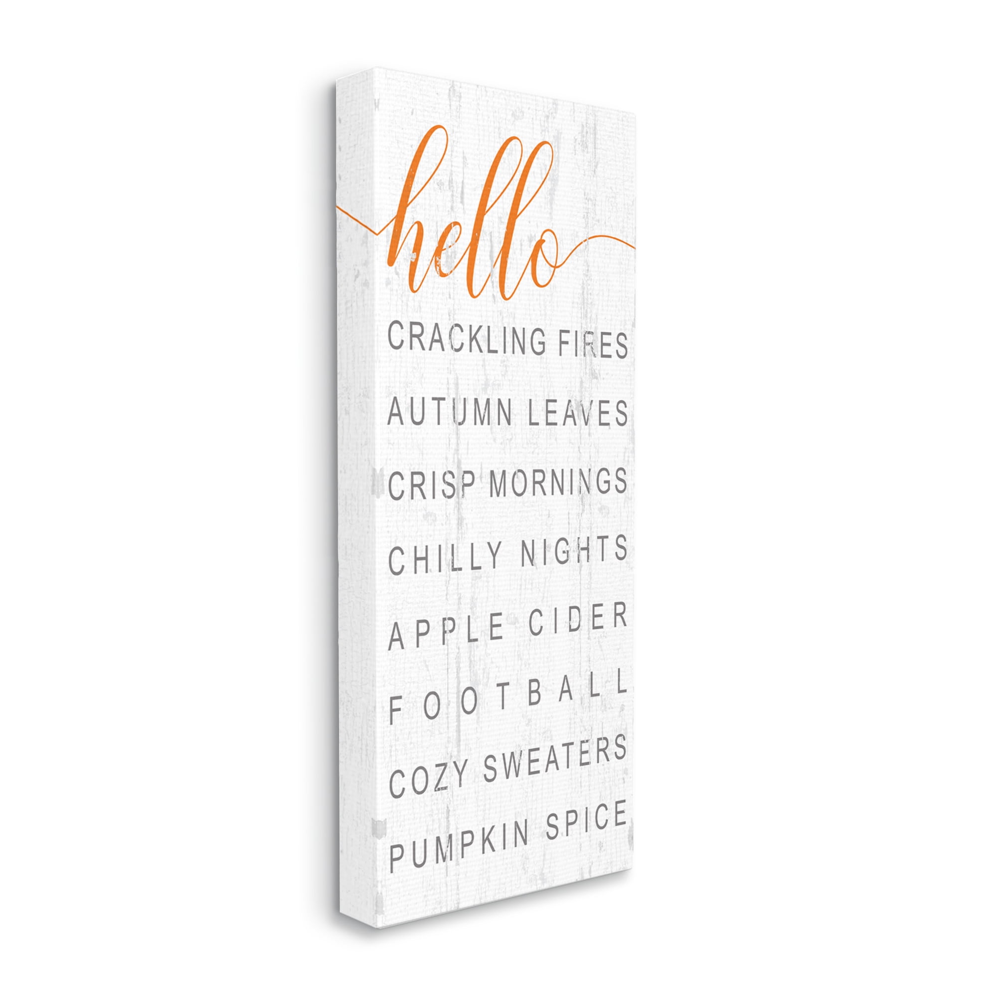 Stupell Industries Hello Fall Favorites Charming Rustic Phrases Typography Painting Gallery Wrapped Canvas Art Print Wall Art, 13 x 30