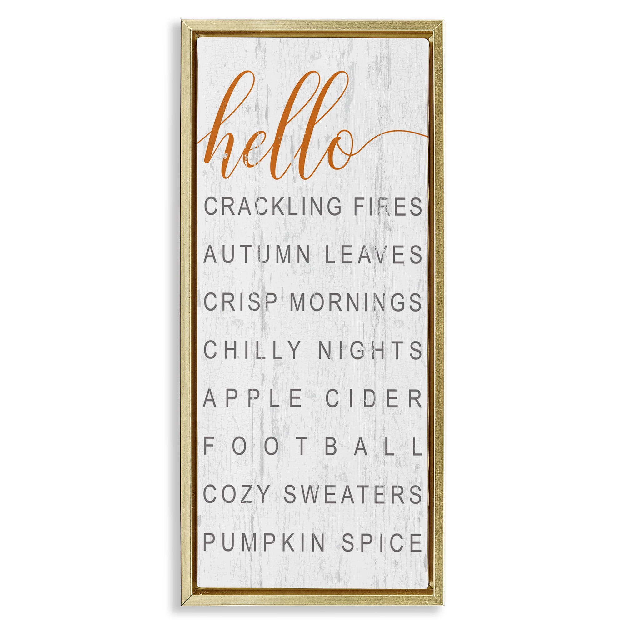 Stupell Industries Hello Fall Favorites Phrases Typography Painting Gold Floater Framed Canvas Art Print Wall Art, 11 x 25
