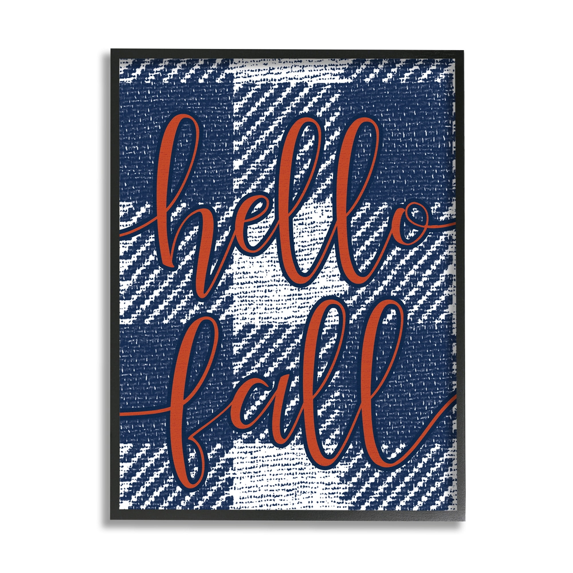 Stupell Industries Hello Fall Greeting Bold Typography Checker Blue Plaid Graphic Art Black Framed Art Print Wall Art, 24x30, by Daphne Polselli