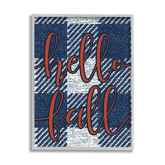 Stupell Industries Hello Fall Greeting Bold Typography Checker Blue Plaid Graphic Art Gray Framed Art Print Wall Art, 16x20, by Daphne Polselli