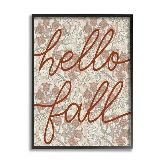 Stupell Industries Hello Fall Greeting Paisley Red Bellflower Vintage Pattern Graphic Art Black Framed Art Print Wall Art, 24x30, by Daphne Polselli