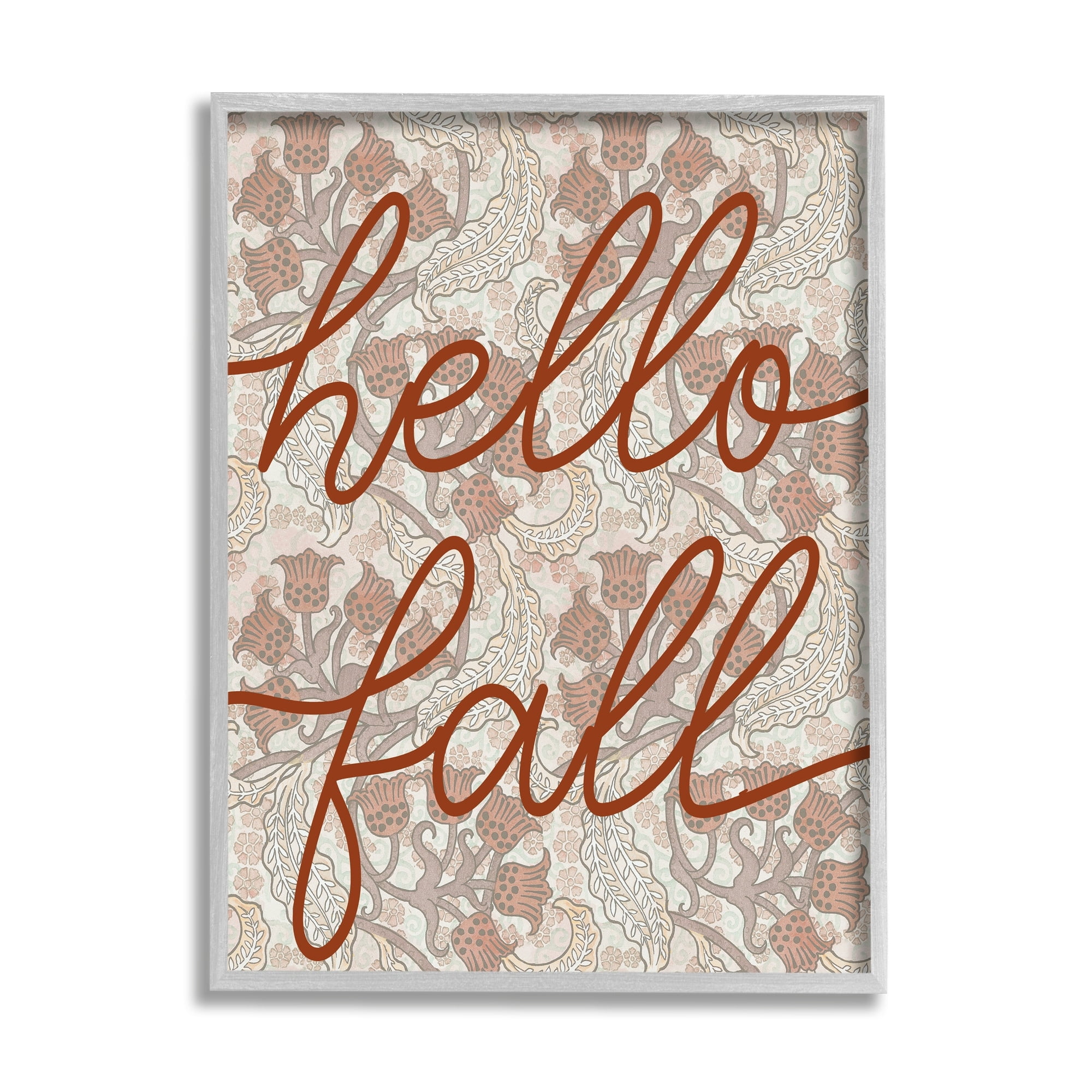 Stupell Industries Hello Fall Greeting Paisley Red Bellflower Vintage Pattern Graphic Art Gray Framed Art Print Wall Art, 24x30, by Daphne Polselli