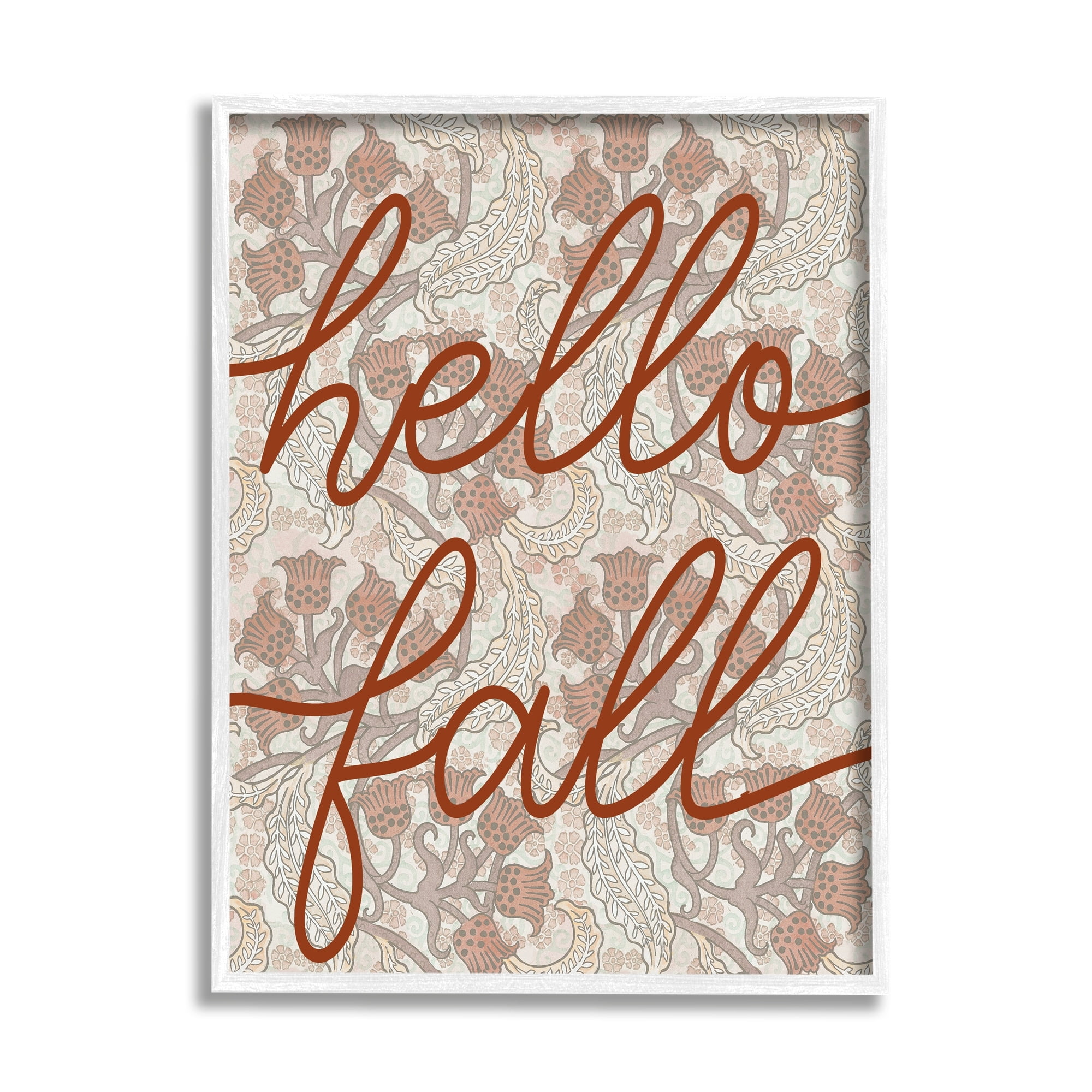 Stupell Industries Hello Fall Greeting Paisley Red Bellflower Vintage Pattern Graphic Art White Framed Art Print Wall Art, 24x30, by Daphne Polselli