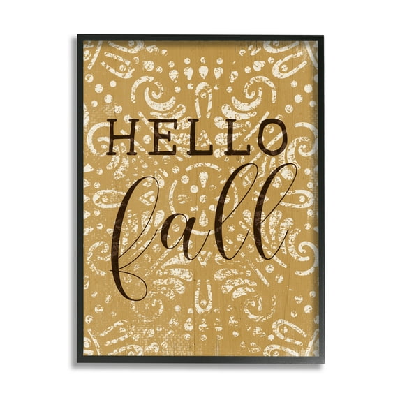 Stupell Industries Hello Fall Greeting Vintage Yellow Fractal Pattern Graphic Art Black Framed Art Print Wall Art, 16x20, by Daphne Polselli