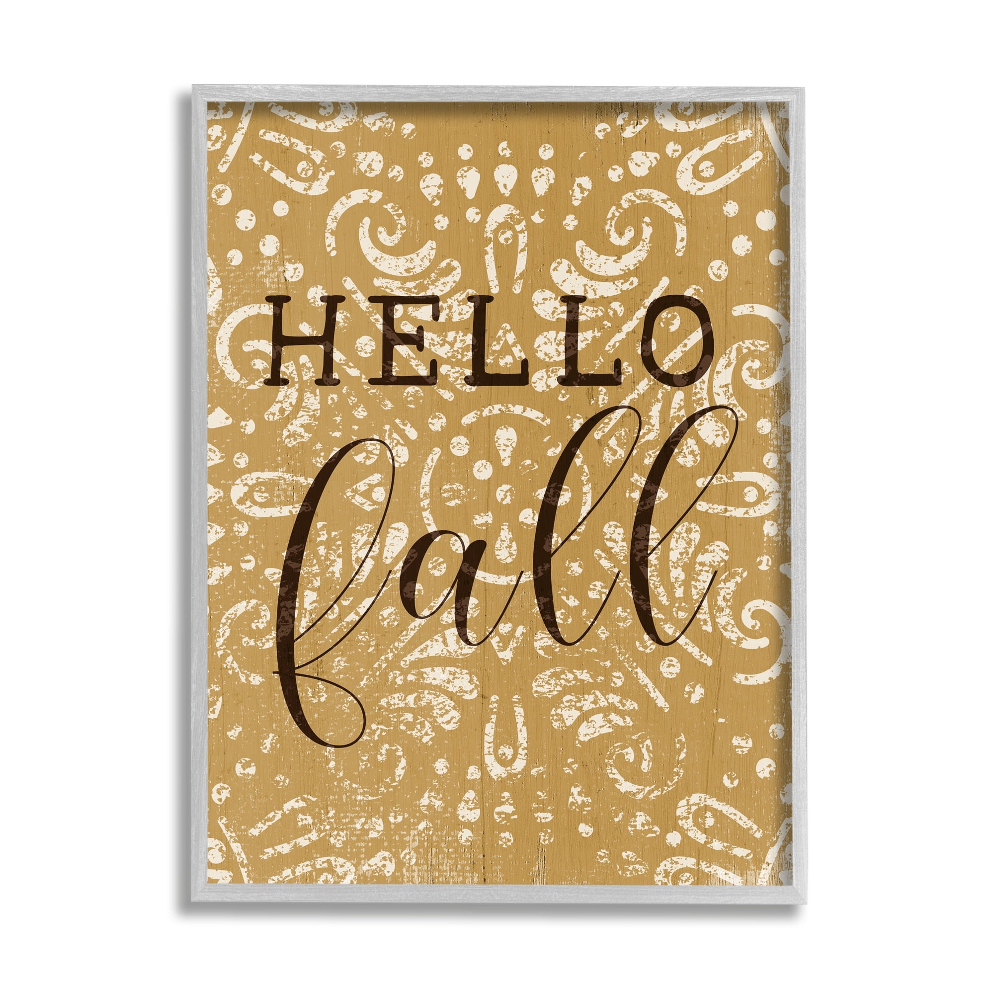 Stupell Industries Hello Fall Greeting Vintage Yellow Fractal Pattern Graphic Art Gray Framed Art Print Wall Art, 11x14, by Daphne Polselli
