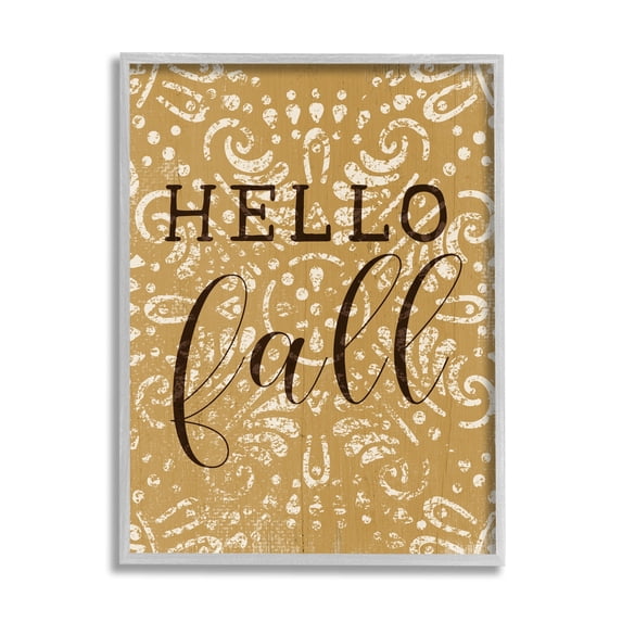 Stupell Industries Hello Fall Greeting Vintage Yellow Fractal Pattern Graphic Art Gray Framed Art Print Wall Art, 24x30, by Daphne Polselli