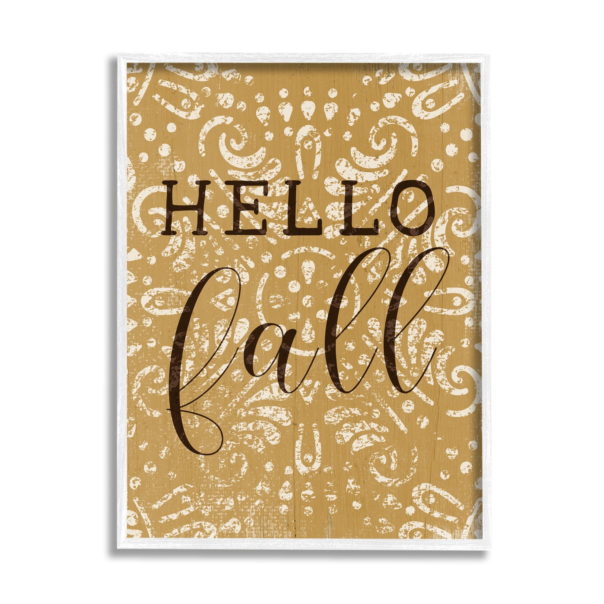 Stupell Industries Hello Fall Greeting Vintage Yellow Fractal Pattern Graphic Art White Framed Art Print Wall Art, 24x30, by Daphne Polselli