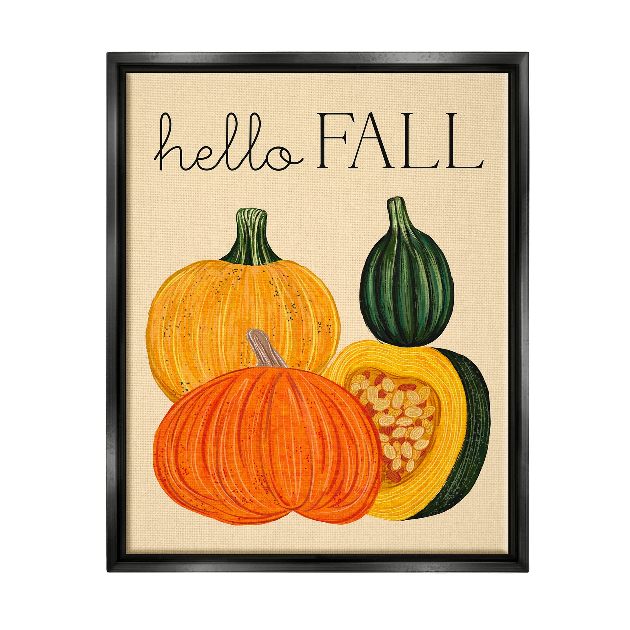 Stupell Industries Hello Fall Harvest Gourds Graphic Art Jet Black Floating Framed Canvas Print Wall Art, Design by Ziwei Li