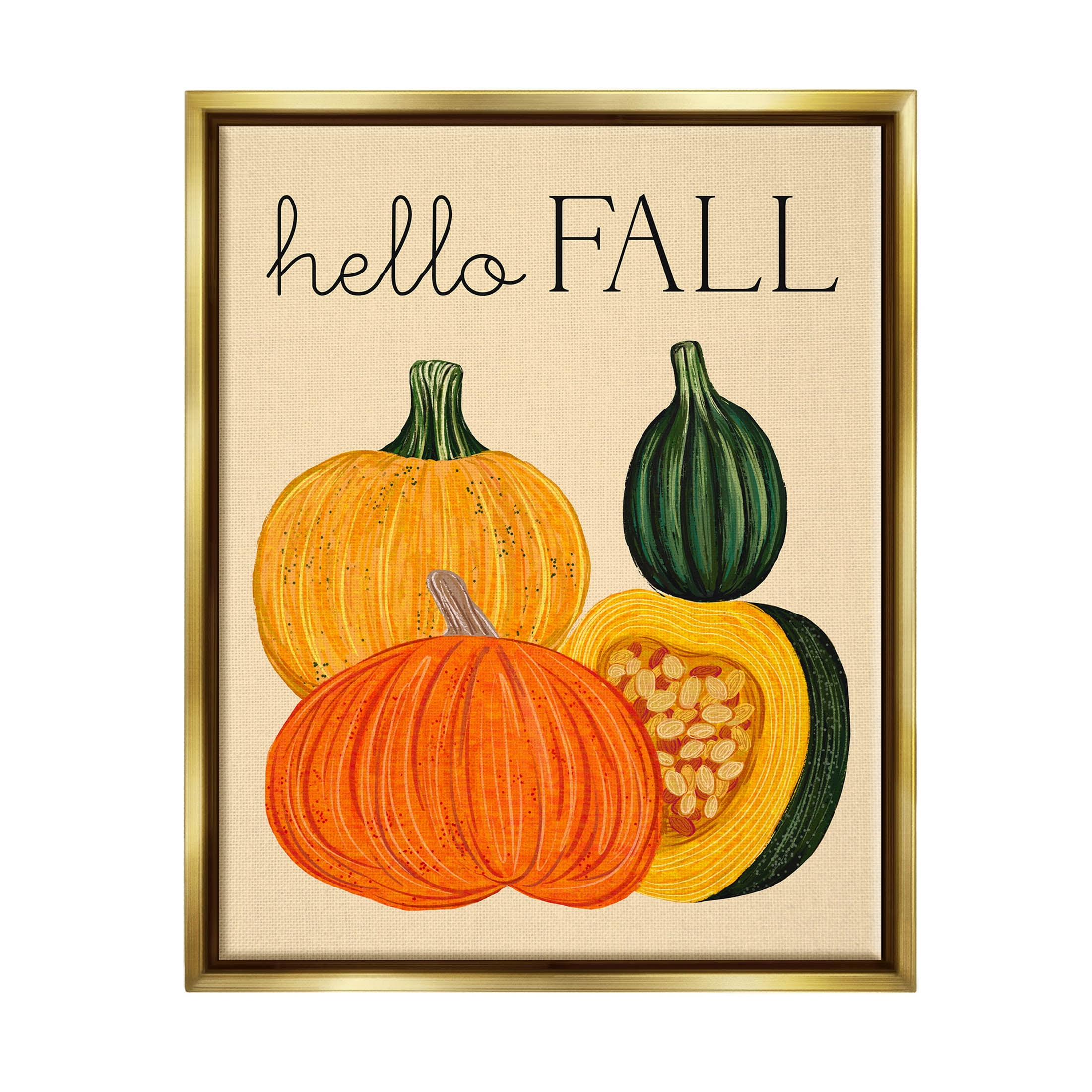 Stupell Industries Hello Fall Harvest Gourds Graphic Art Metallic Gold Floating Framed Canvas Print Wall Art, Design by Ziwei Li