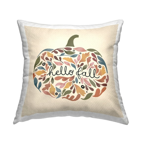 Stupell Industries Hello Fall Mixed Leaves Pumpkin Shape Calligraphy Design by Laura Konyndyk Throw Pillow