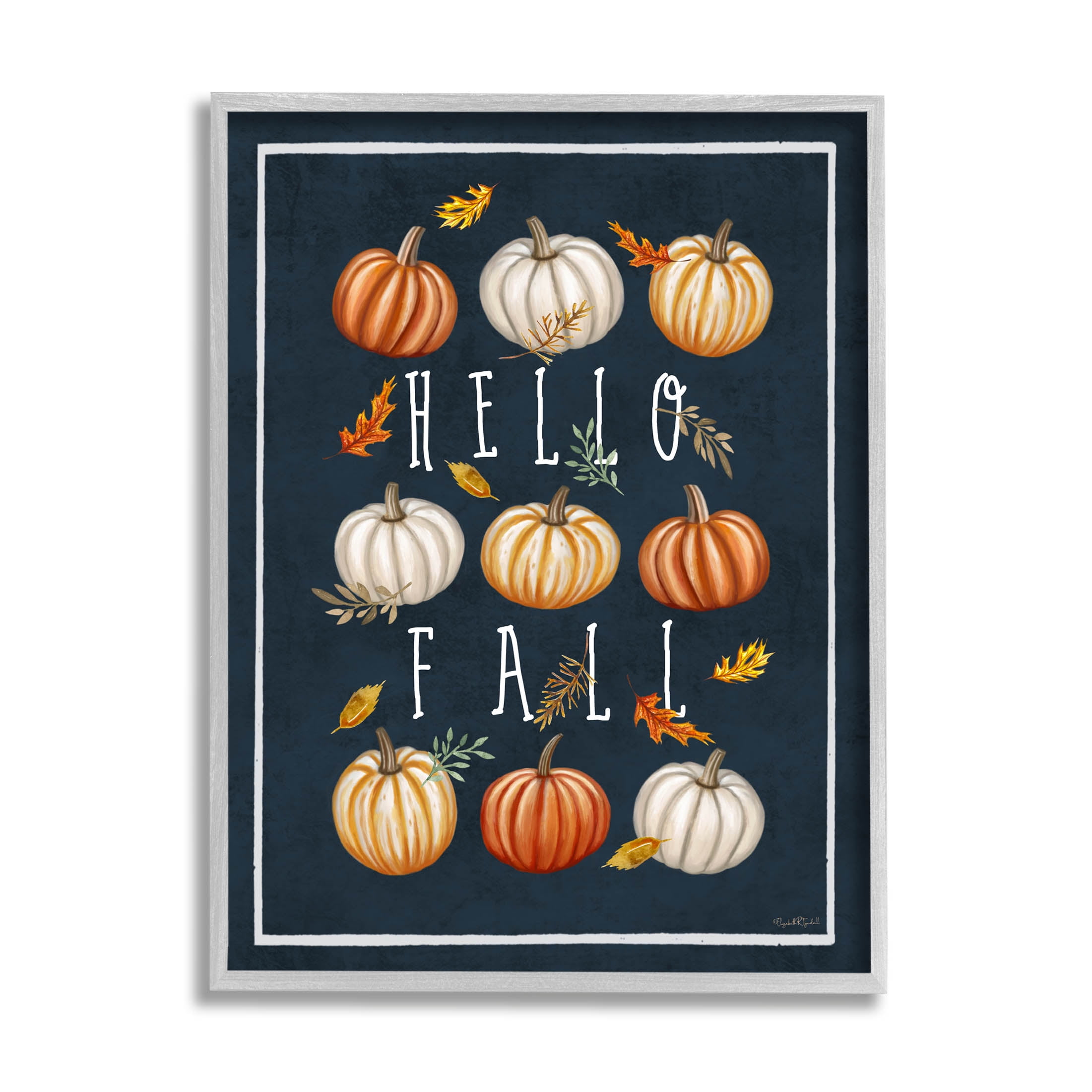 Stupell Industries Hello Fall Mixed Pumpkins Graphic Art Gray Framed Art Print Wall Art, Design by Elizabeth Tyndall