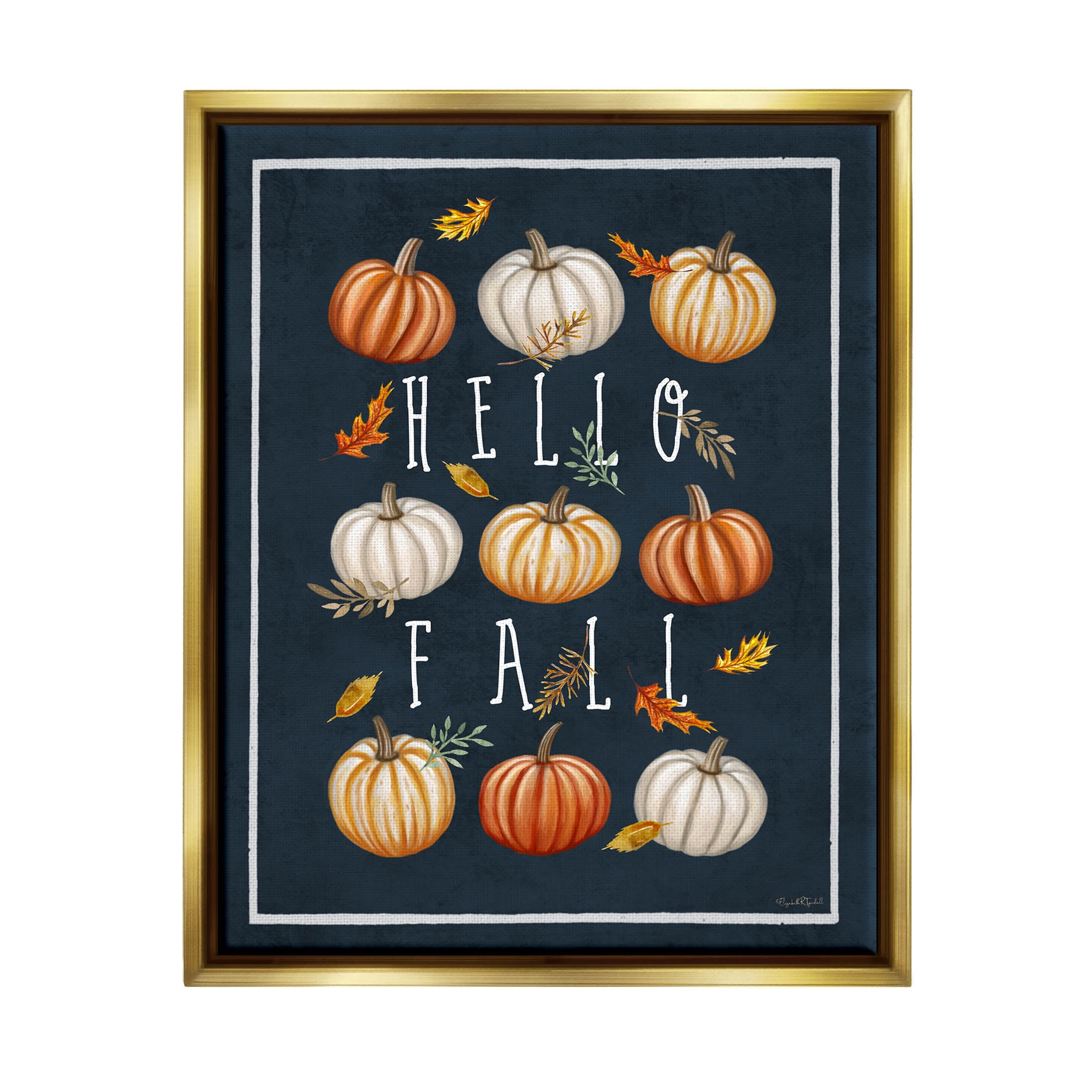 Stupell Industries Hello Fall Mixed Pumpkins Graphic Art Metallic Gold Floating Framed Canvas Print Wall Art, Design by Elizabeth Tyndall
