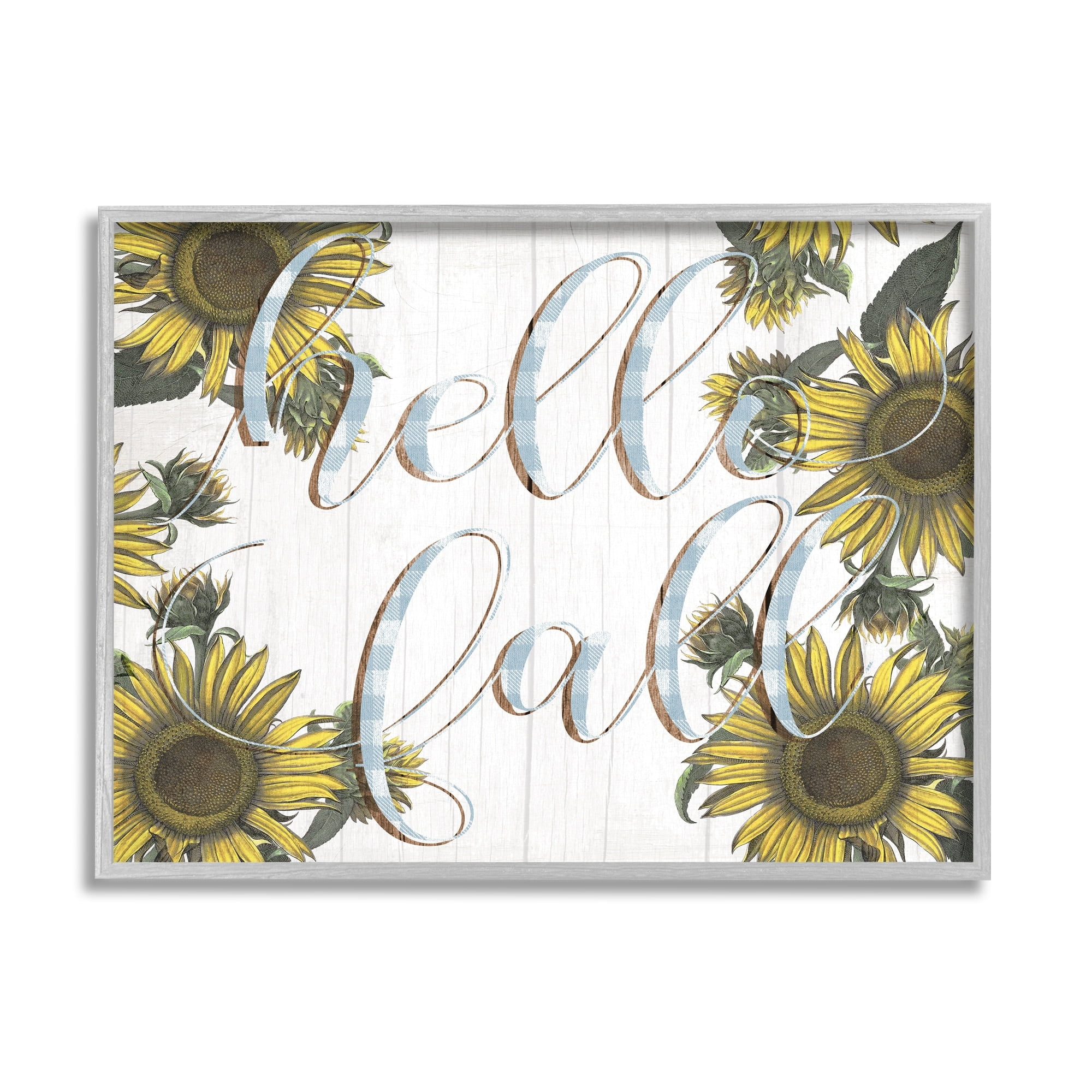 Stupell Industries Hello Fall Phrase Blue Checker Plaid Sunflower Florals, 14 x 11,Design by Daphne Polselli
