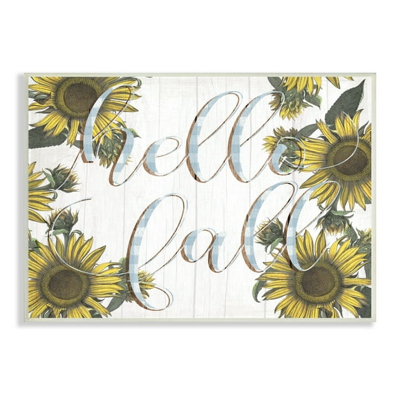Stupell Industries Hello Fall Phrase Blue Checker Plaid Sunflower Florals, 19 x 13,Design by Daphne Polselli