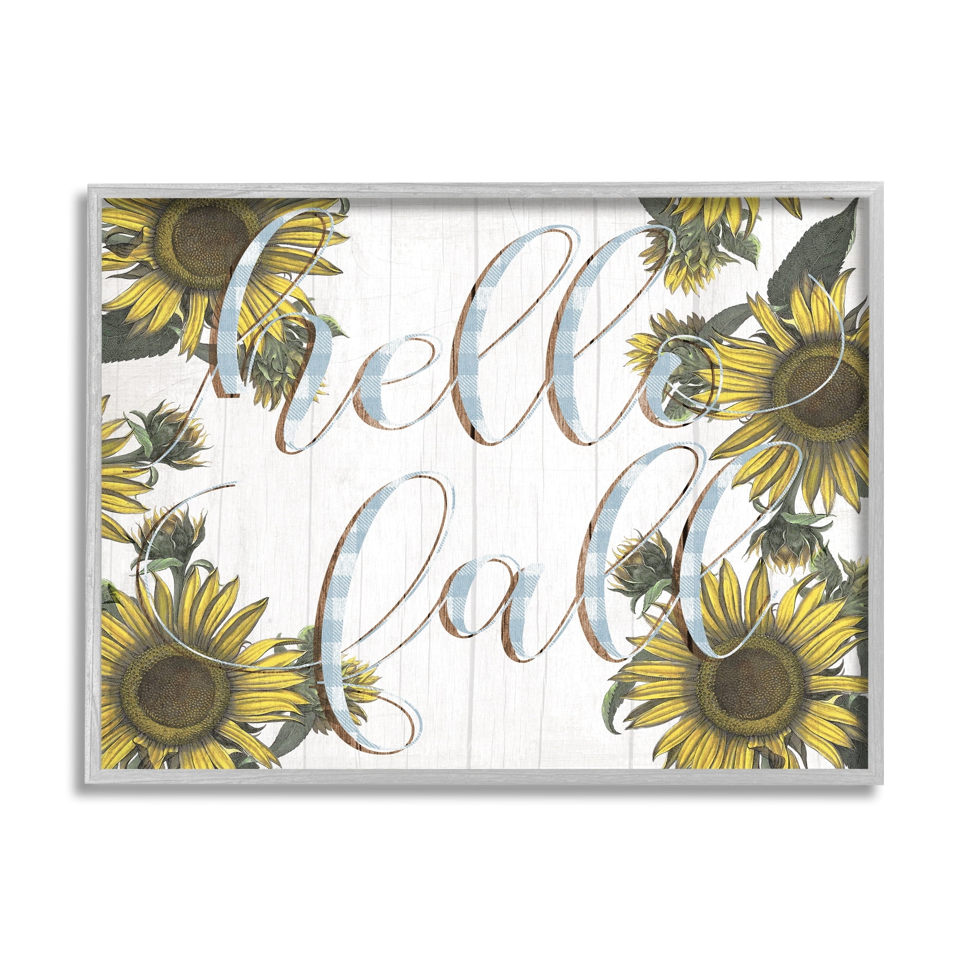 Stupell Industries Hello Fall Phrase Blue Checker Plaid Sunflower Florals, 20 x 16,Design by Daphne Polselli