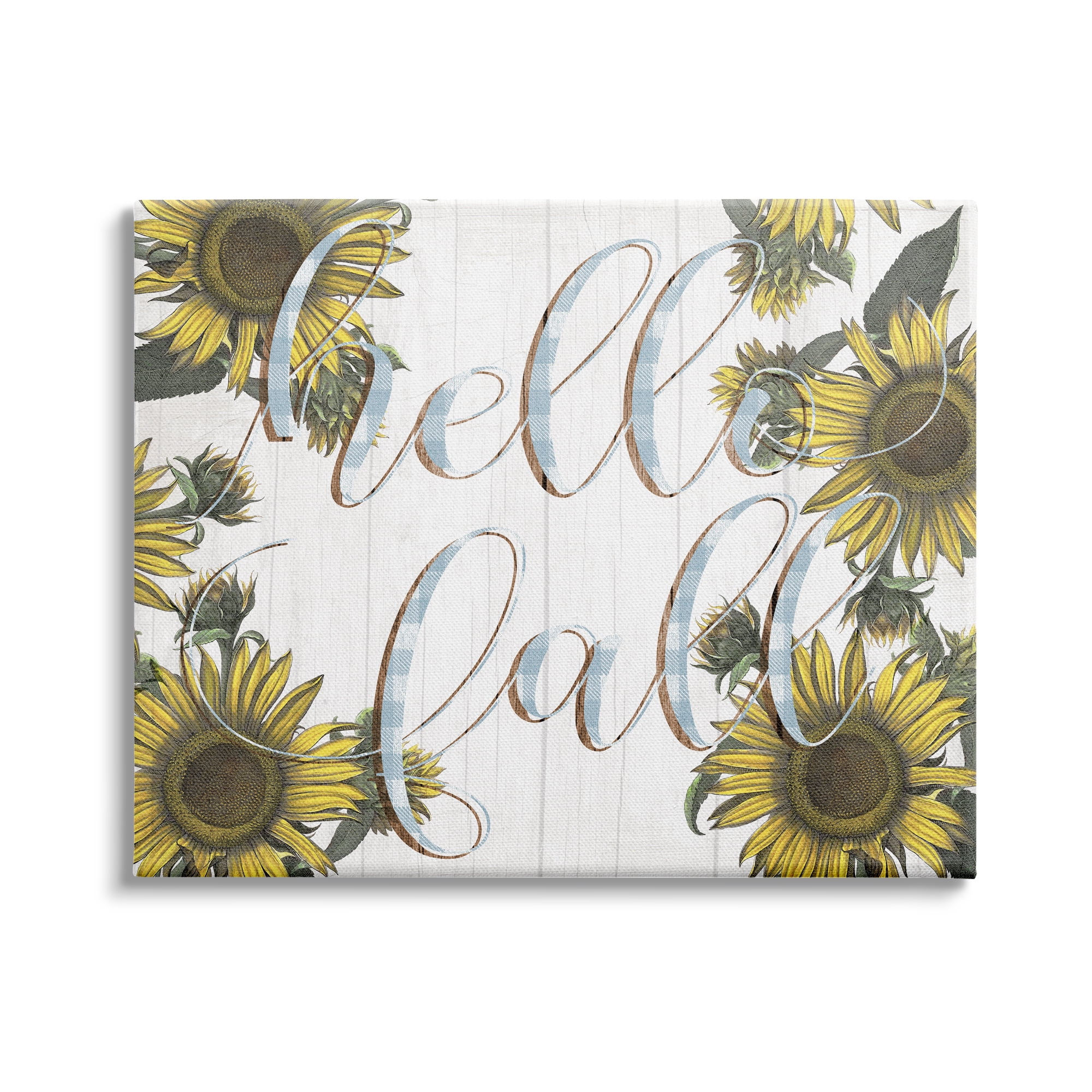 Stupell Industries Hello Fall Phrase Blue Checker Plaid Sunflower Florals, 48 x 36,Design by Daphne Polselli