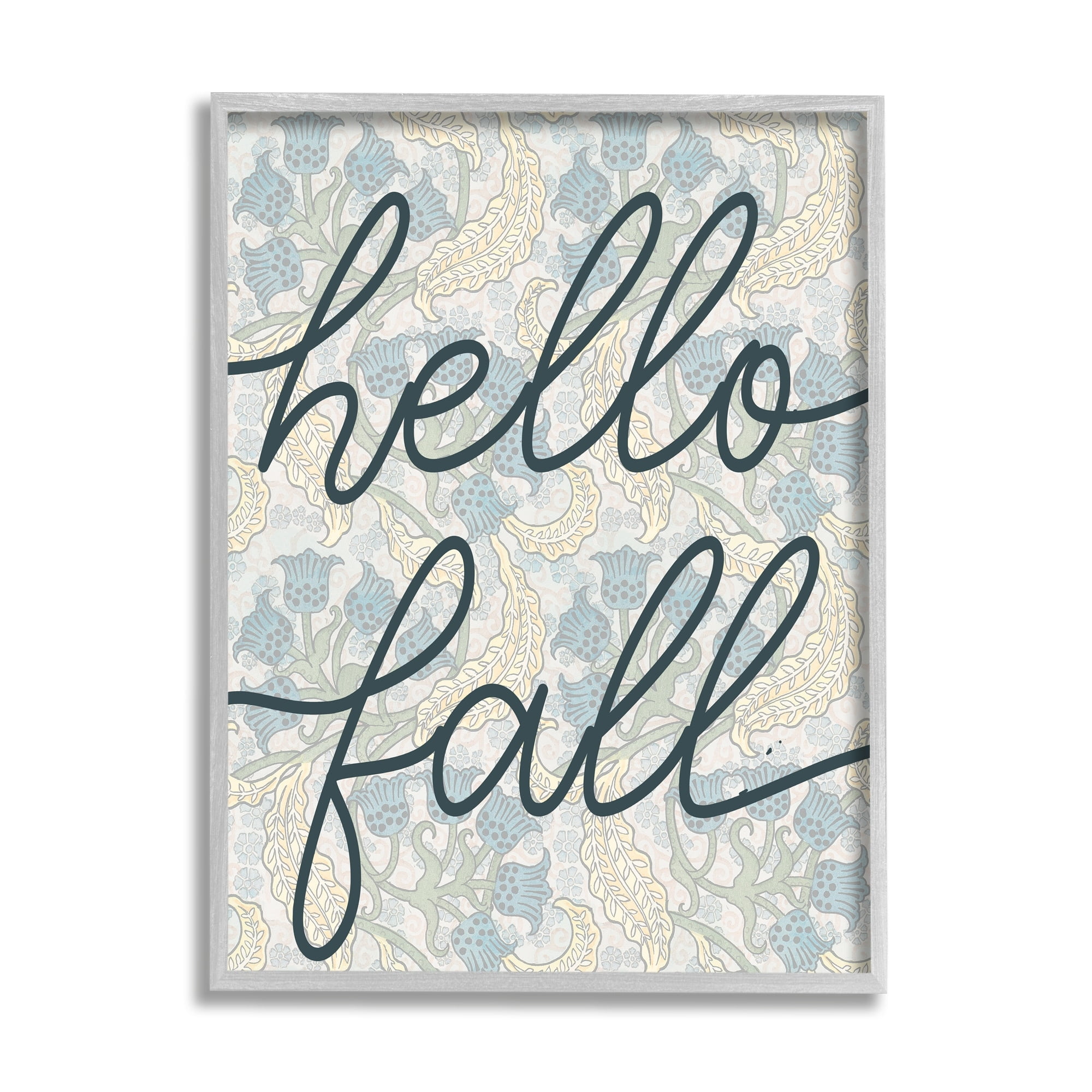 Stupell Industries Hello Fall Phrase Bluebell Paisley Pattern Vintage Flowers Graphic Art Gray Framed Art Print Wall Art, 16x20, by Daphne Polselli