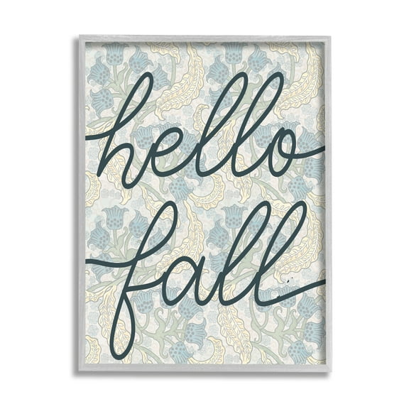 Stupell Industries Hello Fall Phrase Bluebell Paisley Pattern Vintage Flowers Graphic Art Gray Framed Art Print Wall Art, 24x30, by Daphne Polselli