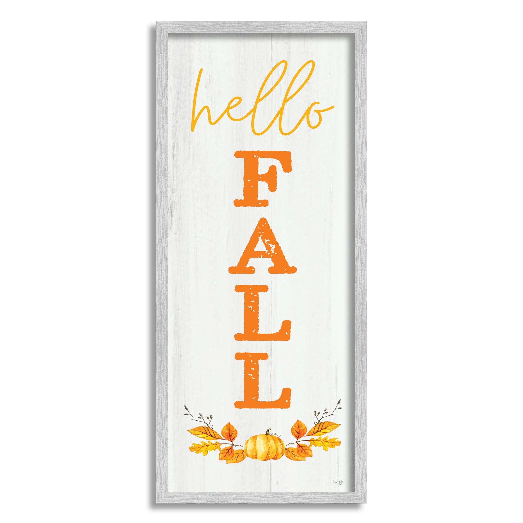 Stupell Industries Hello Fall Phrase Cascading Text Orange Leaves Pumpkin, 13 x 30,Design by Lux + Me Designs