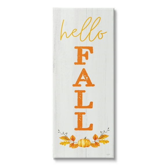Stupell Industries Hello Fall Phrase Cascading Text Orange Leaves Pumpkin, 13 x 30,Design by Lux + Me Designs