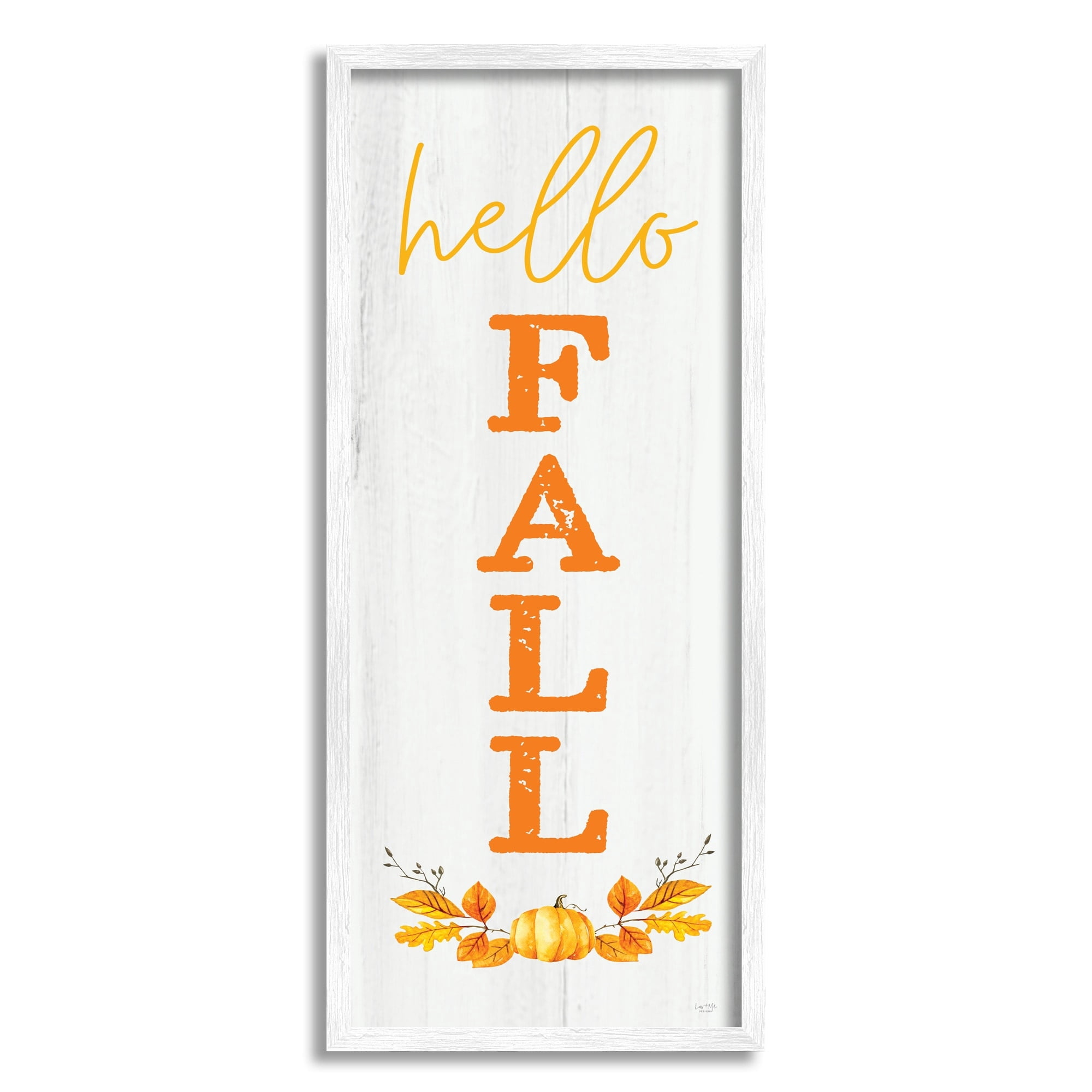 Stupell Industries Hello Fall Phrase Cascading Text Orange Leaves Pumpkin, 13 x 30,Design by Lux + Me Designs