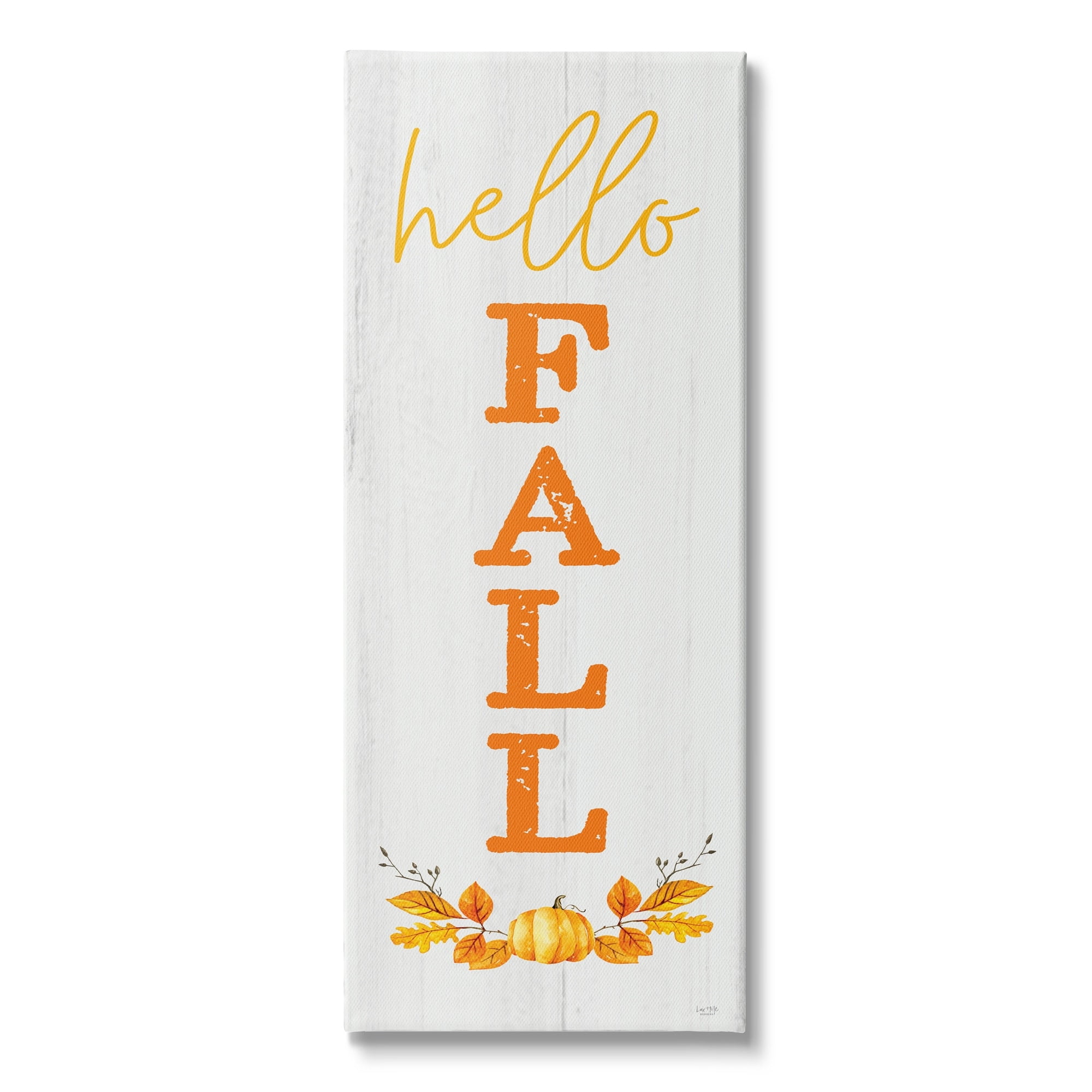 Stupell Industries Hello Fall Phrase Cascading Text Orange Leaves Pumpkin, 20 x 48,Design by Lux + Me Designs