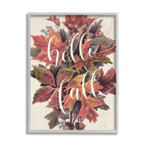 Stupell Industries Hello Fall Phrase Orange Autumn Leaf Pile Graphic Art Gray Framed Art Print Wall Art, 16x20, by Daphne Polselli