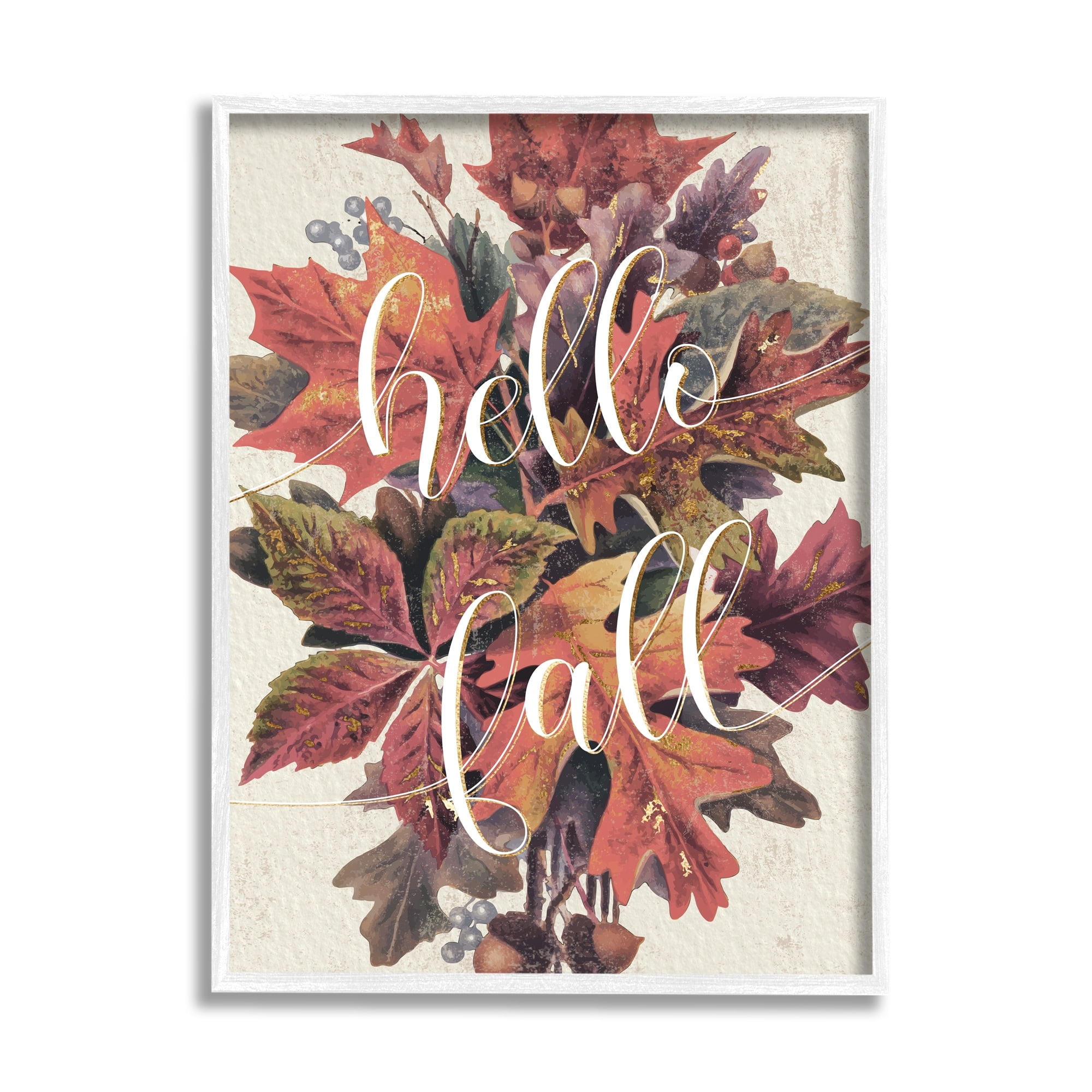 Stupell Industries Hello Fall Phrase Orange Autumn Leaf Pile Graphic Art White Framed Art Print Wall Art, 11x14, by Daphne Polselli