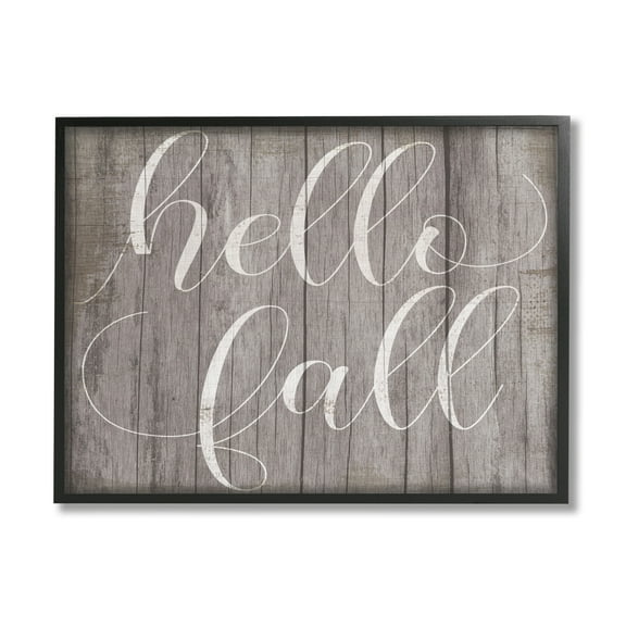 Stupell Industries Hello Fall Phrase Rustic Grain Pattern Minimal Typography Graphic Art Black Framed Art Print Wall Art, 14x11, by Daphne Polselli