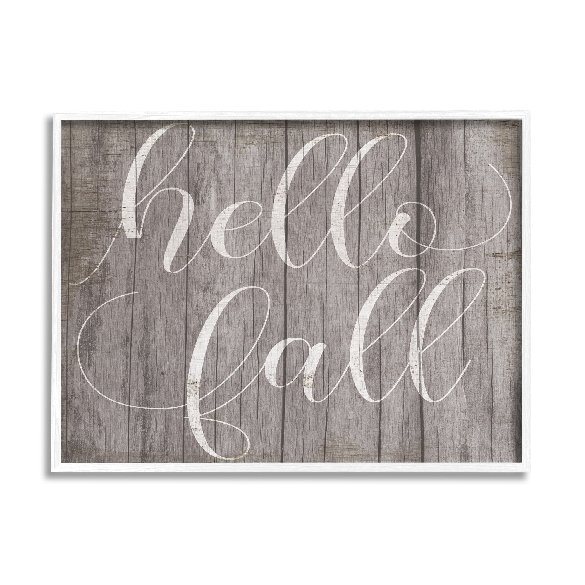 Stupell Industries Hello Fall Phrase Rustic Grain Pattern Minimal Typography Graphic Art White Framed Art Print Wall Art, 14x11, by Daphne Polselli
