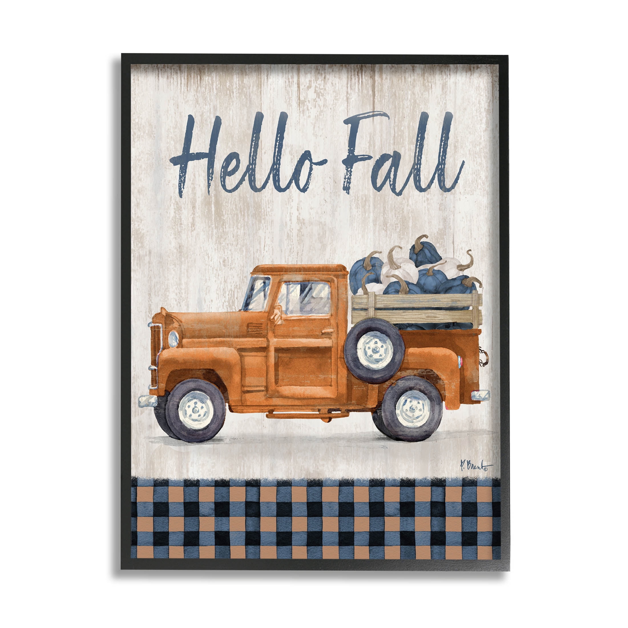 Stupell Industries Hello Fall Plaid Pumpkin Truck Graphic Art Black Framed Art Print Wall Art, Design by Paul Brent