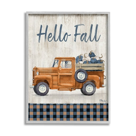 Stupell Industries Hello Fall Plaid Pumpkin Truck Graphic Art Gray Framed Art Print Wall Art, Design by Paul Brent