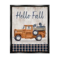 Stupell Industries Hello Fall Plaid Pumpkin Truck Graphic Art Jet Black Floating Framed Canvas Print Wall Art, Design by Paul Brent