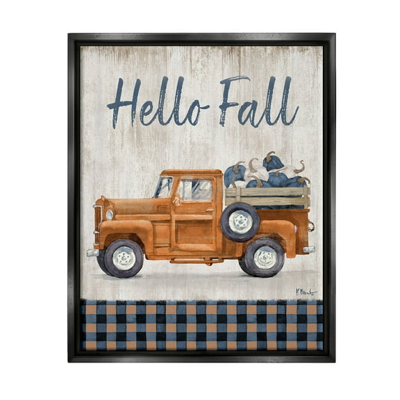 Stupell Industries Hello Fall Plaid Pumpkin Truck Graphic Art Jet Black Floating Framed Canvas Print Wall Art, Design by Paul Brent