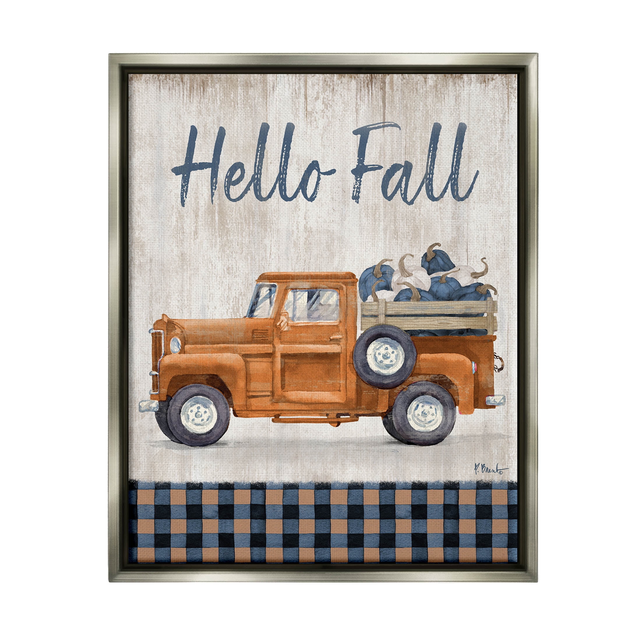 Stupell Industries Hello Fall Plaid Pumpkin Truck Graphic Art Luster Gray Floating Framed Canvas Print Wall Art, Design by Paul Brent
