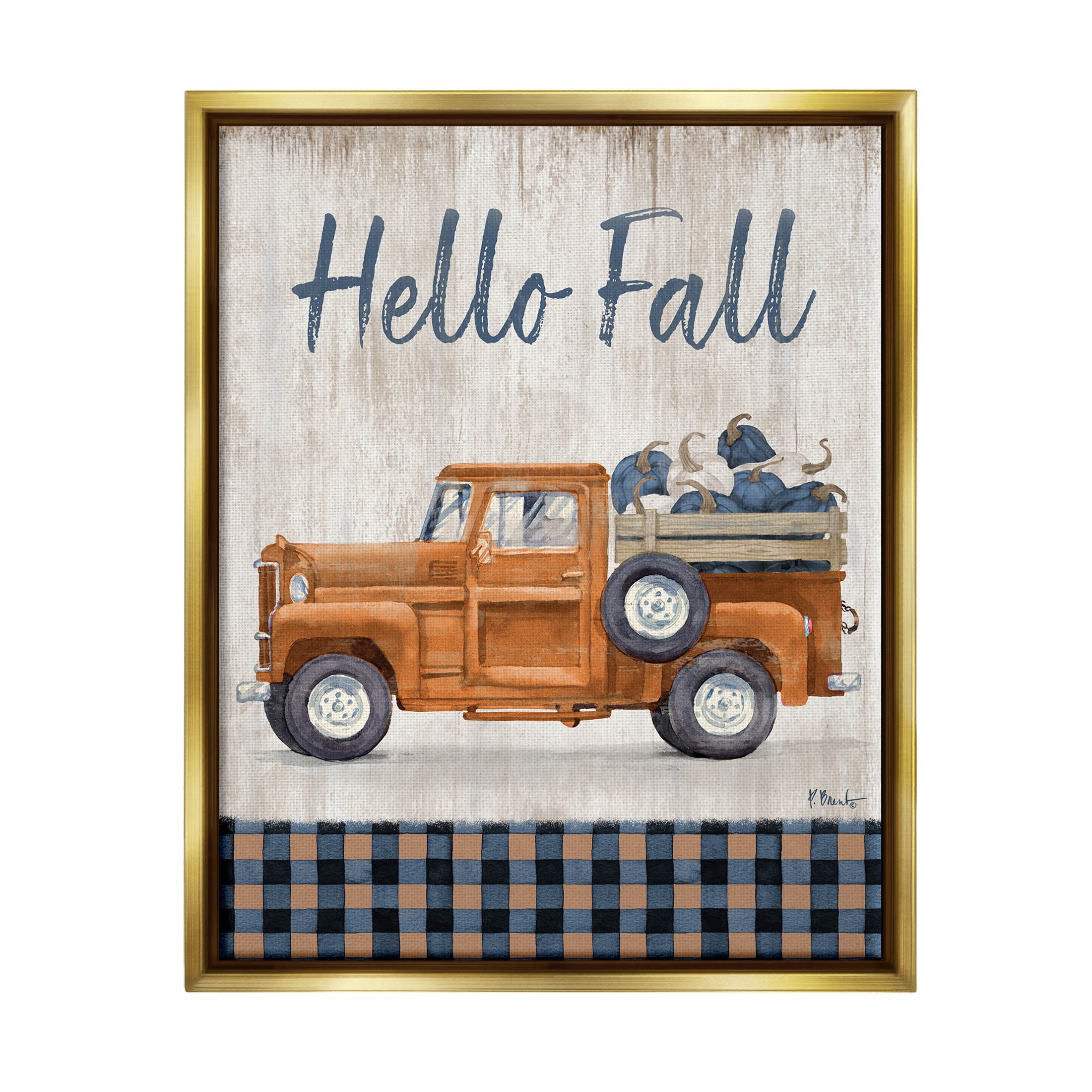 Stupell Industries Hello Fall Plaid Pumpkin Truck Graphic Art Metallic Gold Floating Framed Canvas Print Wall Art, Design by Paul Brent