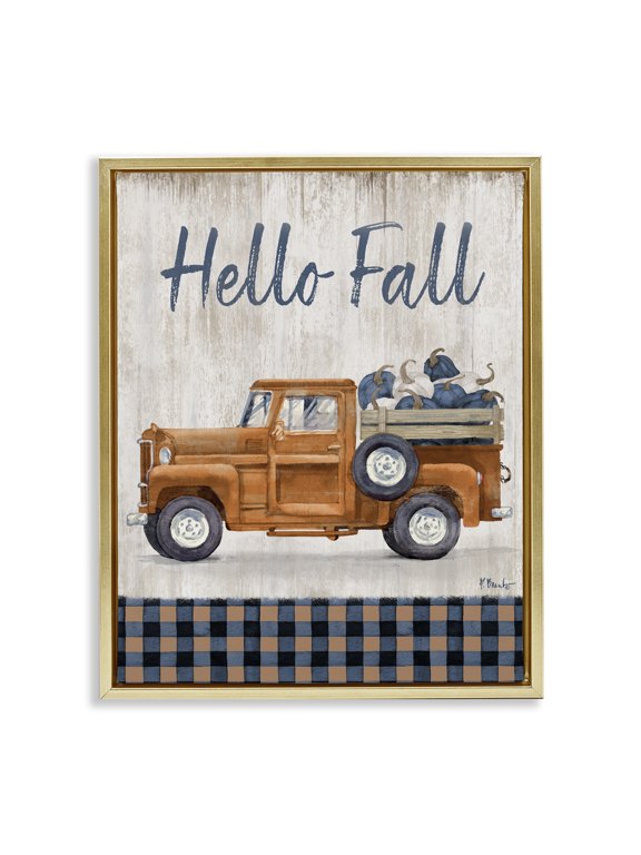 Industries Rustic Lodge Hello Fall Plaid Pumpkin Truck Gold Floating Frame Canvas Art, 25 x 31, by Paul Brent