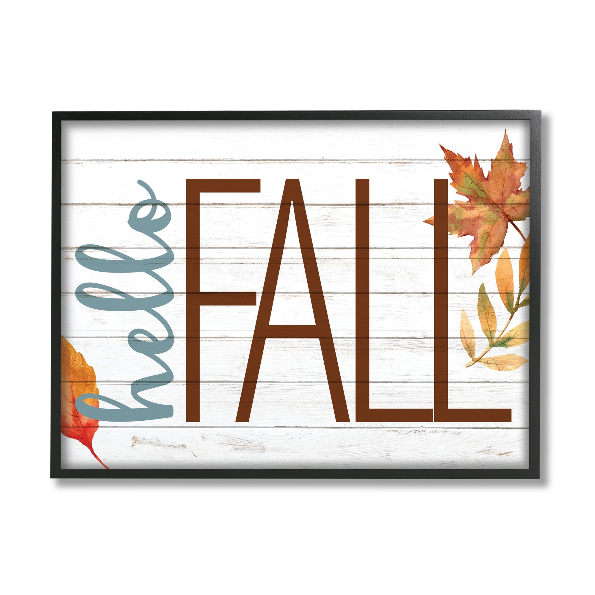 Stupell Industries Hello Fall Planked Look Autumn Foliage Black Framed Wall Art, 24 x 30, Design by Kim Allen