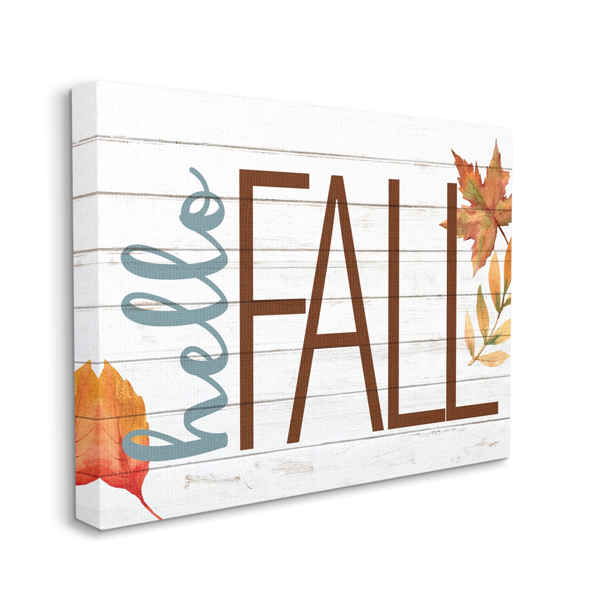 Stupell Industries Hello Fall Planked Look Autumn Foliage Holiday Painting Gallery Wrapped Canvas Art Print Wall Art, 24 x 30