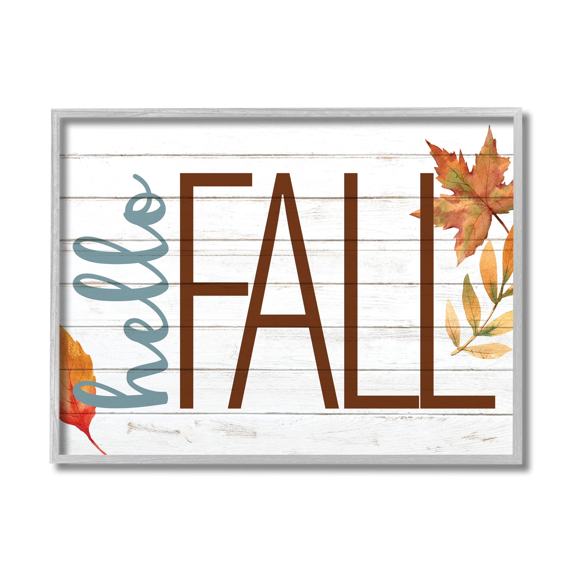 Stupell Industries Hello Fall Planked Look Autumn Foliage Holiday Painting Gray Framed Art Print Wall Art, 16 x 20